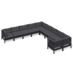 10-Piece Garden Lounge Set with Cushions Black Pine Wood Outdoor Patio Furniture