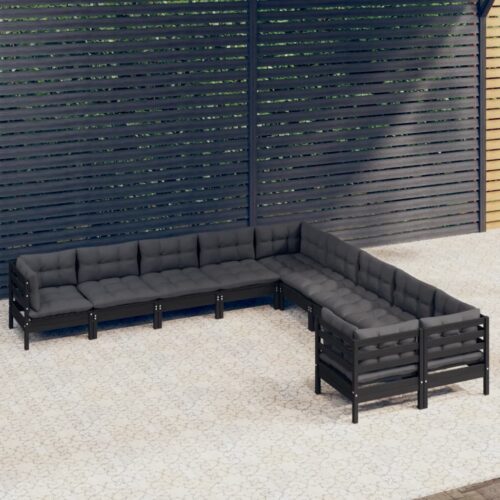 10-Piece Garden Lounge Set with Cushions Black Pine Wood Outdoor Patio Furniture - Image 2