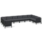 10-Piece Garden Lounge Set with Cushions Black Pine Wood Outdoor Patio Furniture