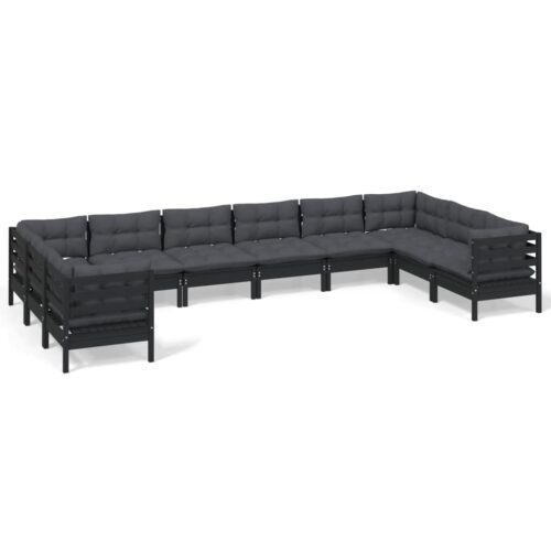 10-Piece Garden Lounge Set with Cushions Black Pine Wood Outdoor Patio Furniture