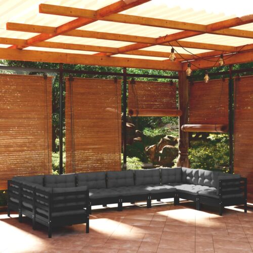 10-Piece Garden Lounge Set with Cushions Black Pine Wood Outdoor Patio Furniture - Image 2