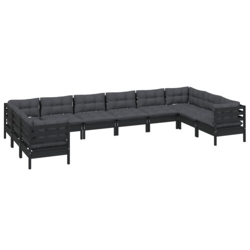 10-Piece Garden Lounge Set with Cushions Black Pine Wood Outdoor Patio Furniture - Image 3