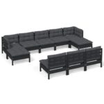 10-Piece Garden Lounge Set with Cushions Black Pine Wood Outdoor Patio Furniture