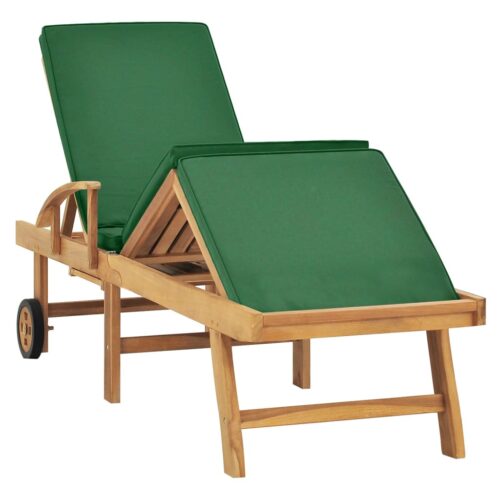 Sun Lounger with Cushion Solid Teak Wood Green - Image 2
