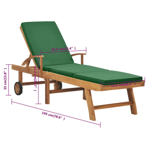 Sun Lounger with Cushion Solid Teak Wood Green - Image 10