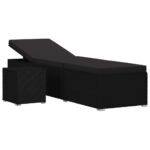 Sun Lounger with Cushion Tea Table Poly Rattan Black