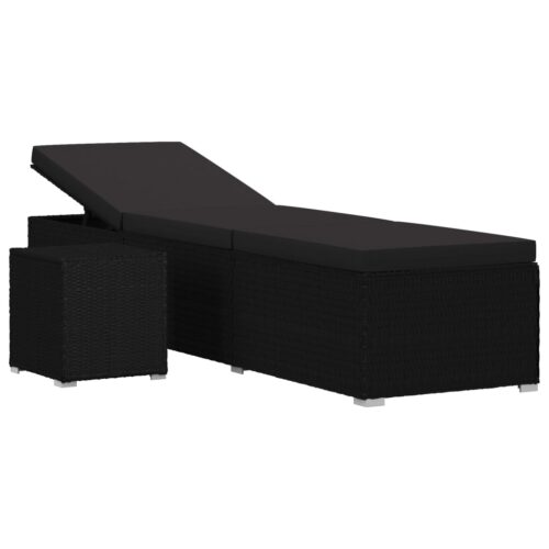 Sun Lounger with Cushion Tea Table Poly Rattan Black