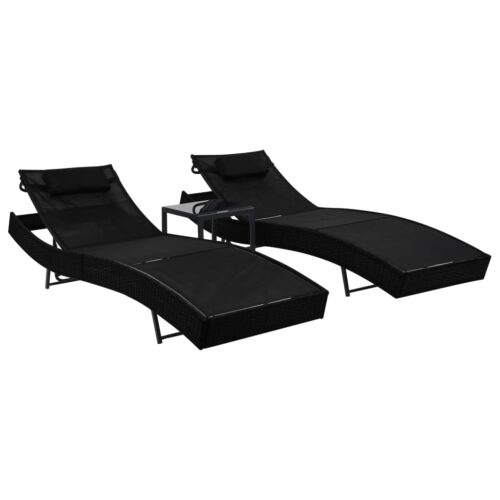 Sun Loungers 2pcs with Table Poly Rattan Textilene Black