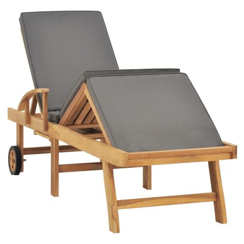 Sun Lounger with Cushion Solid Teak Wood Dark Grey - Image 2