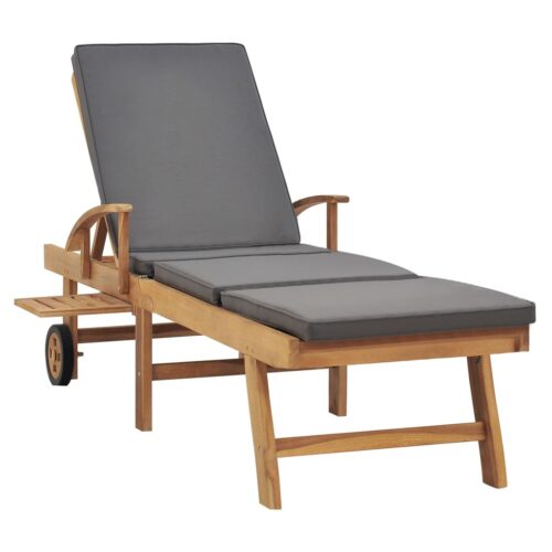 Sun Lounger with Cushion Solid Teak Wood Dark Grey - Image 3