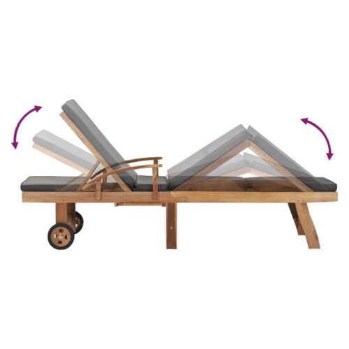 Sun Lounger with Cushion Solid Teak Wood Dark Grey - Image 6