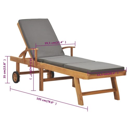 Sun Lounger with Cushion Solid Teak Wood Dark Grey - Image 10