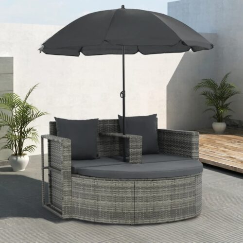 2 Seater Garden Sofa with Cushions Parasol Grey Poly Rattan - Image 2