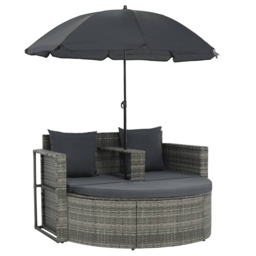 2 Seater Garden Sofa with Cushions Parasol Grey Poly Rattan