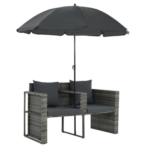 2 Seater Garden Sofa with Cushions Parasol Grey Poly Rattan - Image 4