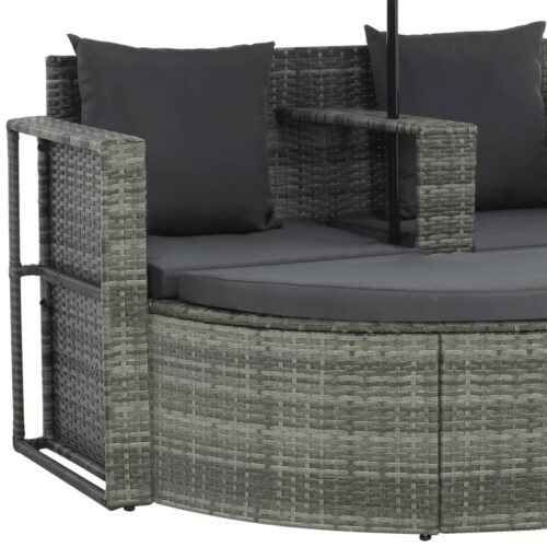 2 Seater Garden Sofa with Cushions Parasol Grey Poly Rattan - Image 7
