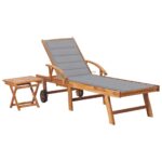 Sun Lounger with Table Cushion Solid Teak Wood
