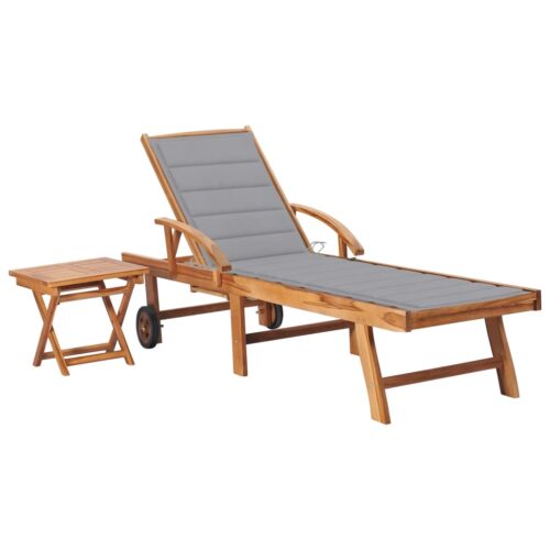 Sun Lounger with Table Cushion Solid Teak Wood