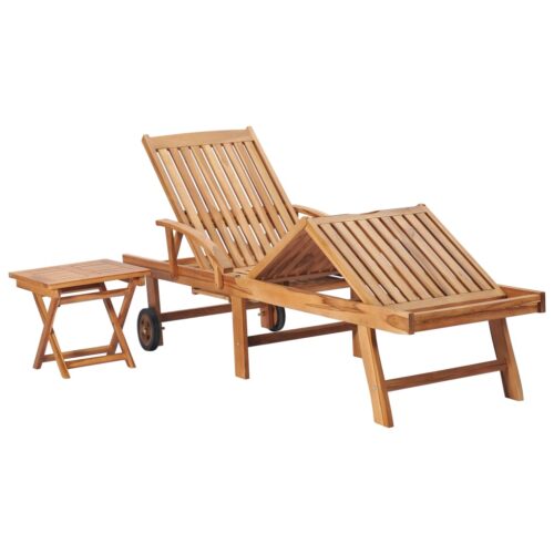 Sun Lounger with Table Cushion Solid Teak Wood - Image 3