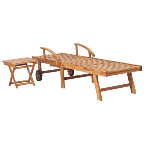 Sun Lounger with Table Cushion Solid Teak Wood - Image 4