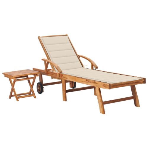 Sun Lounger with Table Cushion Solid Teak Wood