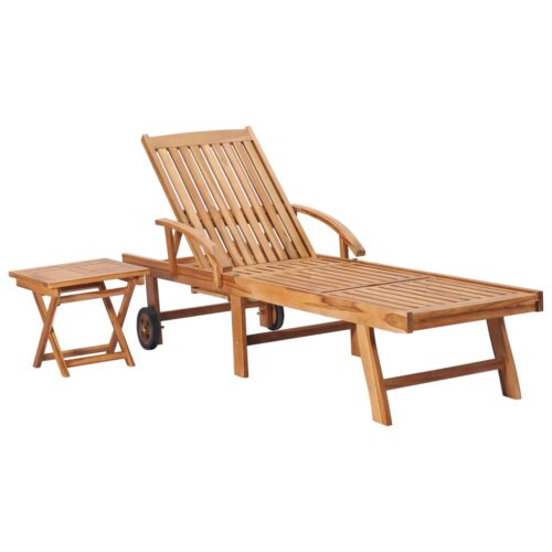 Sun Lounger with Table Cushion Solid Teak Wood - Image 2
