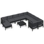 11-Piece Garden Lounge Set with Cushions Black Pine Wood Outdoor Patio Furniture