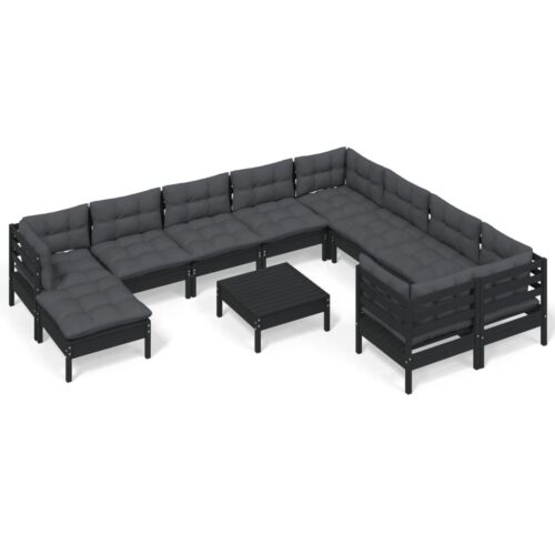 11-Piece Garden Lounge Set with Cushions Black Pine Wood Outdoor Patio Furniture