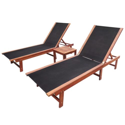 Sun Loungers 2pcs with Table Solid Acacia Wood Textilene