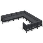 11-Piece Garden Lounge Set with Cushions Black Pine Wood Outdoor Patio Furniture