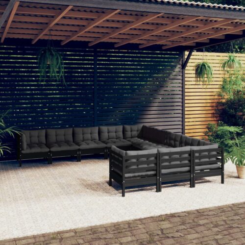 11-Piece Garden Lounge Set with Cushions Black Pine Wood Outdoor Patio Furniture - Image 2