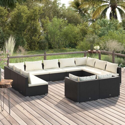 11-Piece Garden Lounge Set with Cushions Black Poly Rattan Wicker Outdoor Patio Furniture - Image 2
