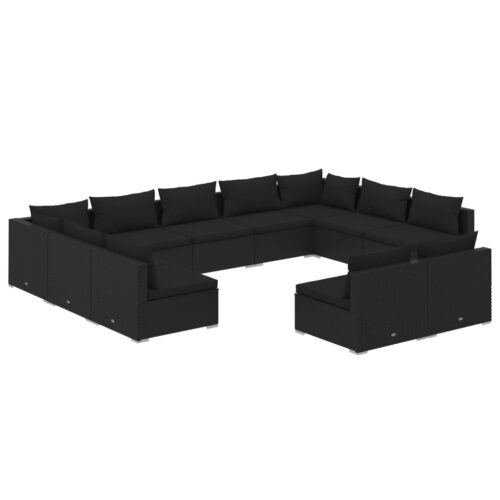 11-Piece Garden Lounge Set with Cushions Black Poly Rattan Wicker Outdoor Patio Furniture