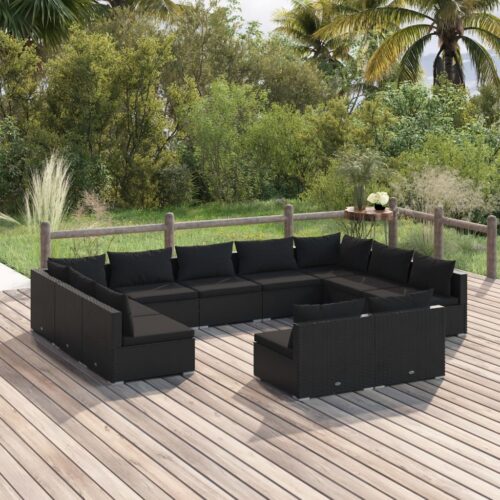 11-Piece Garden Lounge Set with Cushions Black Poly Rattan Wicker Outdoor Patio Furniture - Image 2