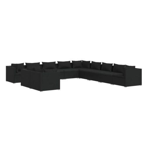 11-Piece Garden Lounge Set with Cushions Black Poly Rattan Wicker Outdoor Patio Furniture
