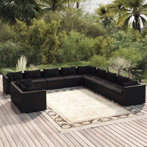 11-Piece Garden Lounge Set with Cushions Black Poly Rattan Wicker Outdoor Patio Furniture - Image 2