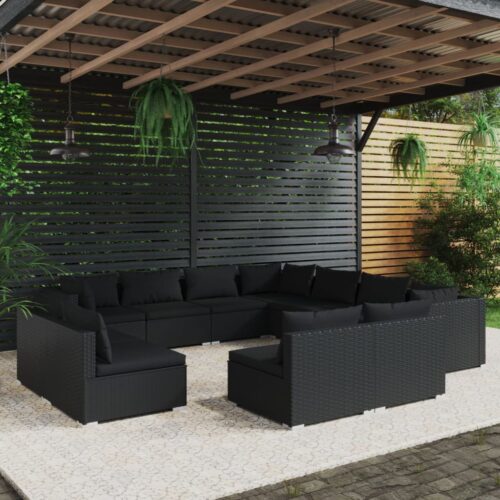 11-Piece Garden Lounge Set with Cushions Black Poly Rattan Wicker Outdoor Patio Furniture - Image 2