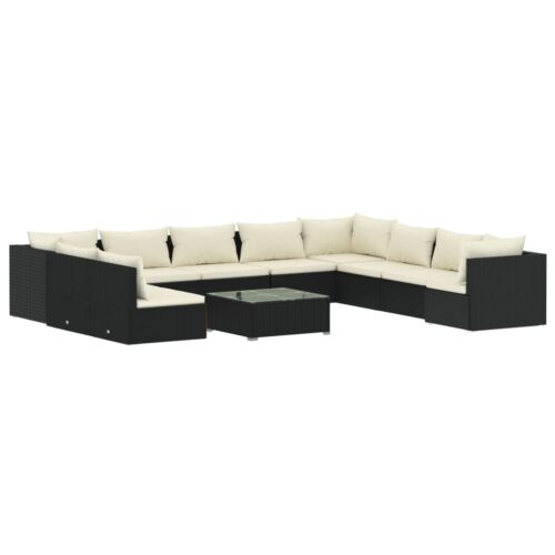 11-Piece Garden Lounge Set with Cushions Black Poly Rattan Wicker Outdoor Patio Furniture