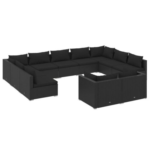 11-Piece Garden Lounge Set with Cushions Black Poly Rattan Wicker Outdoor Patio Furniture