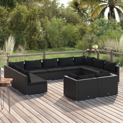 11-Piece Garden Lounge Set with Cushions Black Poly Rattan Wicker Outdoor Patio Furniture - Image 2