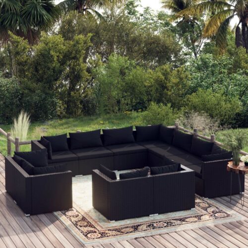11-Piece Garden Lounge Set with Cushions Black Poly Rattan Wicker Outdoor Patio Furniture - Image 2