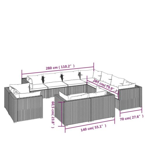 11-Piece Garden Lounge Set with Cushions Black Poly Rattan Wicker Outdoor Patio Furniture - Image 7