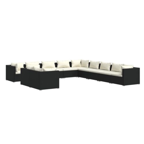 11-Piece Garden Lounge Set with Cushions Black Poly Rattan Wicker Outdoor Patio Furniture