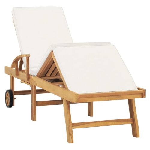 Sun Lounger with Cushion Solid Teak Wood Cream - Image 2