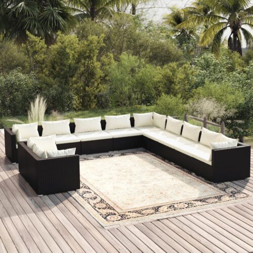 11-Piece Garden Lounge Set with Cushions Black Poly Rattan Wicker Outdoor Patio Furniture - Image 2