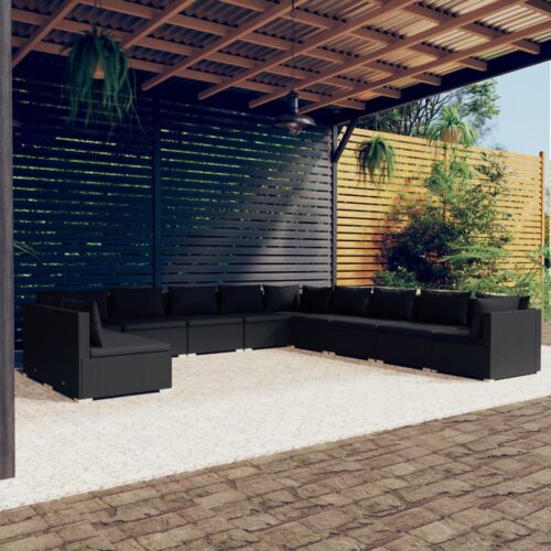 11-Piece Garden Lounge Set with Cushions Black Poly Rattan Wicker Outdoor Patio Furniture - Image 2