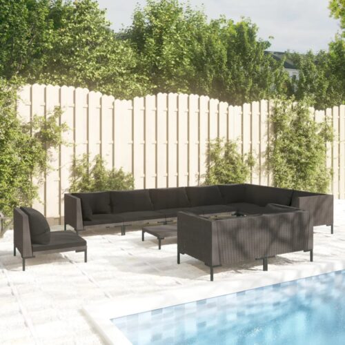 11-Piece Garden Lounge Set with Cushions Poly Rattan Wicker Outdoor Patio Furniture Dark Grey - Image 2
