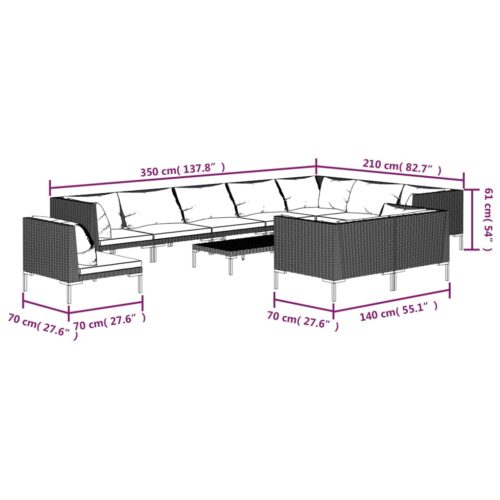 11-Piece Garden Lounge Set with Cushions Poly Rattan Wicker Outdoor Patio Furniture Dark Grey - Image 9