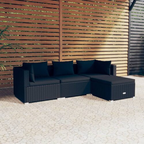 4-Piece Garden Lounge Set with Cushions Poly Rattan Wicker Outdoor Patio Furniture Black - Image 2