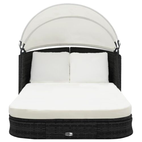 Sun Lounger with Canopy Poly Rattan Black - Image 2